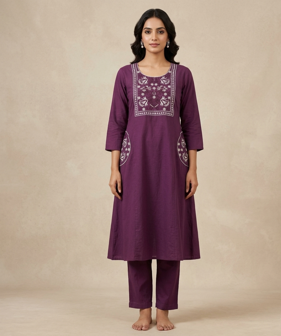 Purple Dhabu Cotton Kurti Set