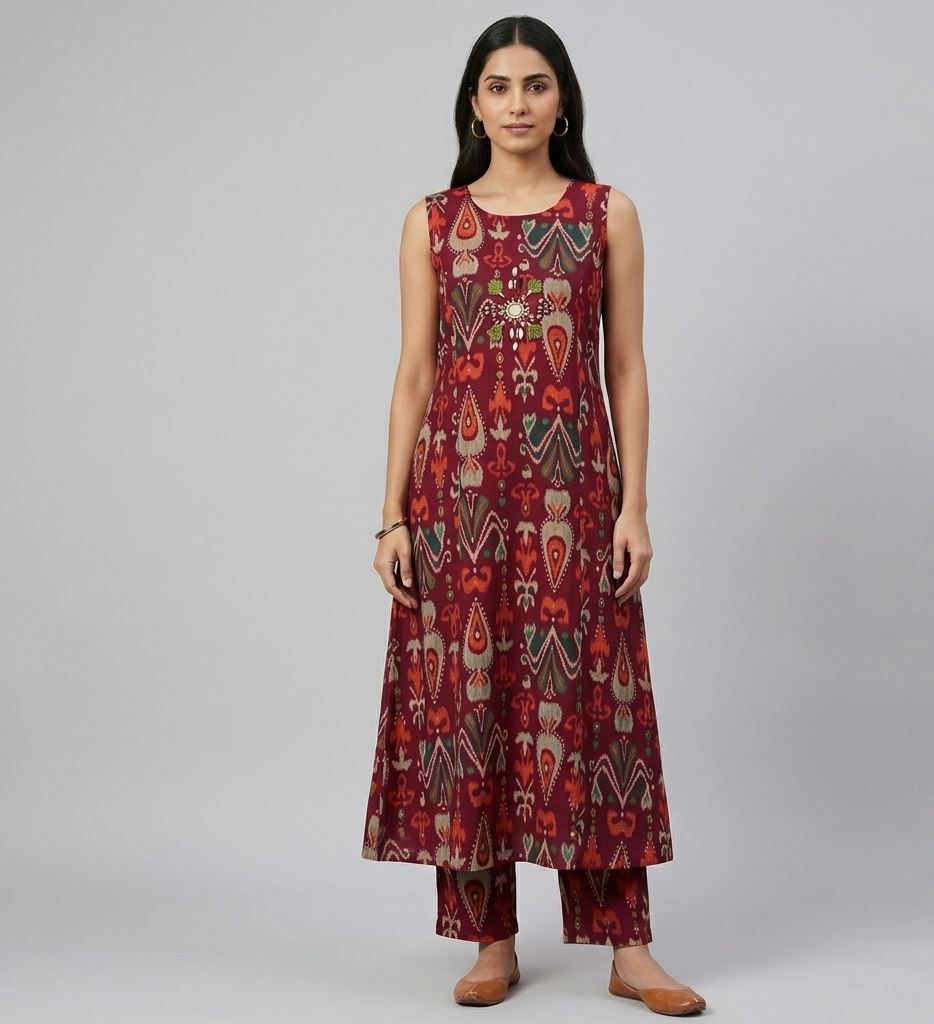 Pink Multicolour Vertican kurti Set