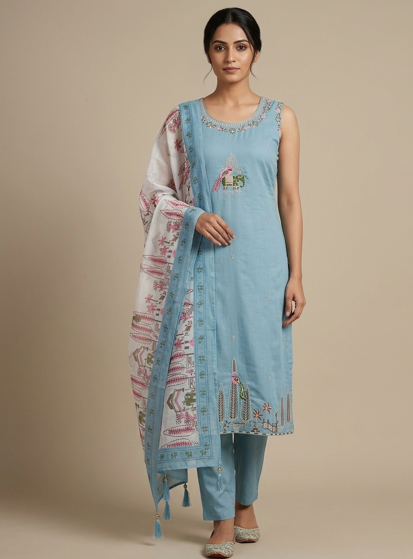 Dusty Blue Roman Silk Kurti Set 