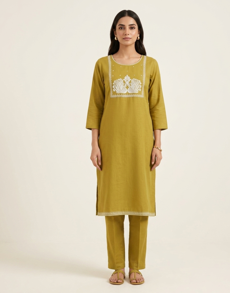 Mehndi Green Dhabu Cotton Kurti Set 